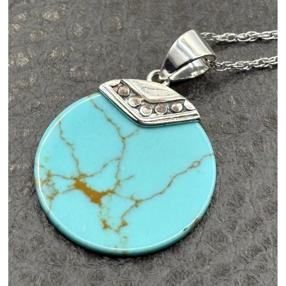 Vintage Sterling Silver Bali Faux Turquoise Pendant Necklace 925 Rope Chain 19in